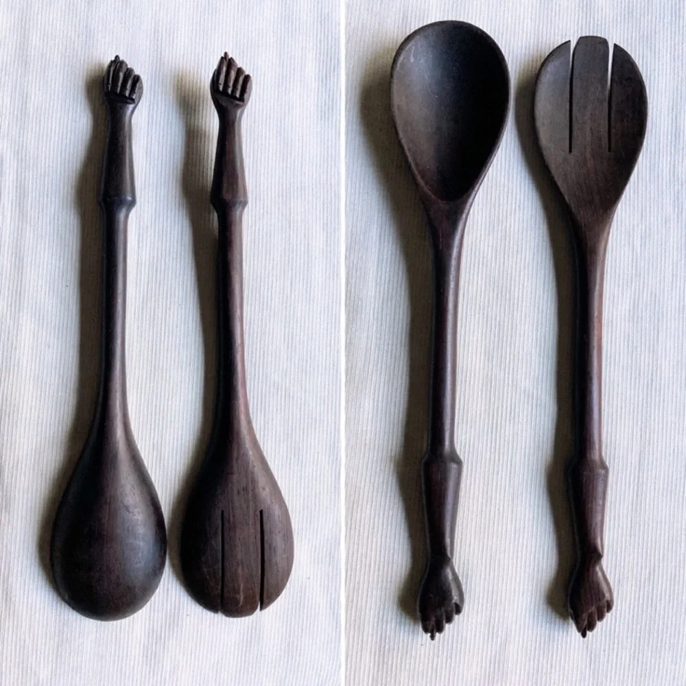 RARE Pair of Vintage Wooden Mano Fico Figa Handmade Serving Utensils Set